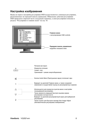 Page 13ViewSonicVG2021wm 8
Настройка изображения
Вывод на экран и настройка регулировок OSD осуществляются с помощью регулировок, 
расположенных на передней панели управления. Объяснение действия регулировок 
OSD приведено в верхней части следующей страницы, а сами регулировки описаны в 
разделе “Регулировки в гл а вном меню” на стр. 10.
Гл ав н ое меню
с регулировками OSD controls
Передняя панель управления
подробно показана ниже
Используется для прокрутки пунктов меню и настройки 
показываемой регулировки....