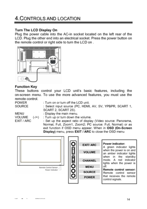 Page 17ViewSonic CD3200 14 
4 4
. .
C CO O
N N
T T
R R
O O
L L
S S
   
A A
N N
D D
   
L L
O O
C C
A A
T T
I I
O O
N N   
Turn The LCD Display On 
Plug the power cable into the AC-in socket located on the left rear of the 
LCD. Plug the other end into an electrical socket. Press the power button on 
the remote control or right side to turn the LCD on .   
 
 
 
 
 
 
 
 
 
 
Function Key 
These buttons control your LCD unit’s basic features, including the 
on-screen menu. To use the more advanced features, you...