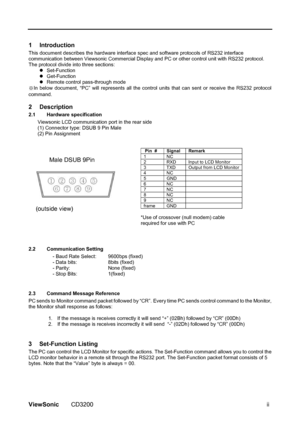 Page 52 
ViewSonic CD3200 ii 
 
1 Introduction  
This document describes the hardware interface spec and software protocols of RS232 interface 
communication between Viewsonic Commercial Display and PC or other control unit with RS232 protocol. 
The protocol divide into three sections: 
z Set-Function 
z Get-Function 
z  Remote control pass-through mode 
※In below document, “PC” will represents all the control units that can sent or receive the RS232 protocol 
command. 
2 Description 
2.1 Hardware specification...