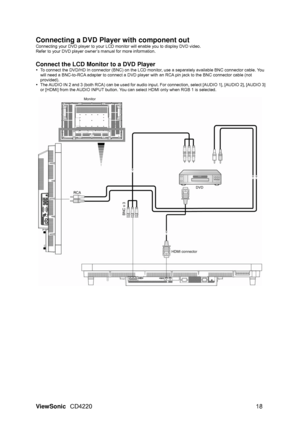 Page 20Connecting a DVD Player with component out 
Connecting your DVD player to your LCD monitor will enable you to display DVD video. 
Refer to your DVD player owner’s manual for more information. 
 
Connect the LCD Monitor to a DVD Player 
y  To connect the DVD/HD In connector (BNC) on the LCD moni tor, use a separately available BNC connector cable. You 
will need a BNC-to-RCA adapter to connect a DVD player with an RCA pin jack to the BNC connector cable (not 
provided). 
y  The AUDIO IN 2 and 3 (both RCA)...