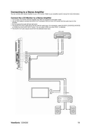 Page 21Connecting to a Stereo Amplifier 
You can connect your stereo amplifier to your LCD monitor. Refer to your amplifier owners manual for more information. 
 
Connect the LCD Monitor to a Stereo Amplifier 
y  Turn on the LCD monitor and the amplifier  only after all connections have been made. 
y  Use an RCA cable to connect the AUDIO OUT connecto r (RCA) on the LCD monitor and the audio input on the 
amplifier. 
y  Do not reverse the audio left and right jacks. 
y  The AUDIO IN 2 and 3 (both RCA) can be...