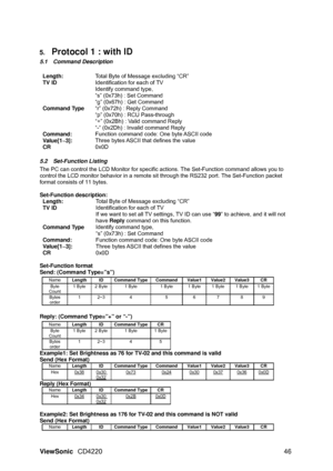 Page 485. Protocol 1 : with ID 
5.1 Command Description 
 Length:  Total Byte of Message excluding “CR” 
TV ID  Identification for each of TV 
Command Type  Identify command type,   
“s” (0x73h) : Set Command 
“g” (0x67h) : Get Command 
“r” (0x72h) : Reply Command 
“p” (0x70h) : RCU Pass-through 
“+” (0x2Bh) : Valid command Reply 
“-“ (0x2Dh) : Invalid command Reply 
Command:  Function command code: One byte ASCII code 
Value[1~3]:  Three bytes ASCII that defines the value 
CR  0x0D 
 
5.2 Set-Function Listing...