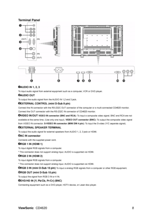 Page 11
ViewSonic CD4620  8 
Terminal Panel   
 
 
AUDIO IN 1, 2, 3   
To input audio signal from external equipment such as a computer, VCR or DVD player.   
AUDIO OUT  
To output the audio signal from  the AUDIO IN 1,2 and 3 jack.   
EXTERNAL CONTROL (mini D-Sub 9 pin)   
Connect the IN connector with the RS-232C OUT connector  of the computer or a multi-connected CD4620 monitor. 
Connect the OUT connector with the RS-232C IN connector of CD4620 monitor.   
VIDEO IN/OUT VIDEO IN connector (BNC and RCA):  To...