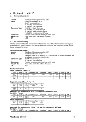 Page 49ViewSonic CD4620  46  5. 
Protocol 1 : with ID 
5.1 Command Description 
 
Length: Total Byte of Message excluding “CR” 
TV ID Identification for each of TV 
Command Type Identify command type,   
“s” (0x73h) : Set Command 
“g” (0x67h) : Get Command 
“r” (0x72h) : Reply Command 
“p” (0x70h) : RCU Pass-through 
“+” (0x2Bh) : Valid command Reply 
“-“ (0x2Dh) : Invalid command Reply 
Command: Function command code: One byte ASCII code 
Value[1~3]: Three bytes ASCII that defines the value 
CR 0x0D 
 
5.2...