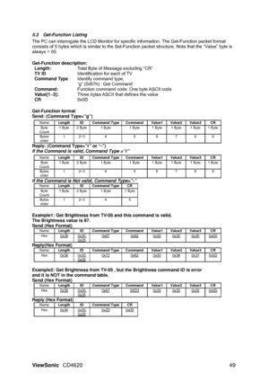 Page 52ViewSonic CD4620  49 
5.3 Get-Function Listing  
The PC can interrogate the LCD Monitor for specific information. The Get-Function packet format 
consists of 5 bytes which is similar to the Set-Function packet structure. Note that the “Value” byte is 
always = 00. 
 
Get-Function description:   
Length:  Total Byte of Message excluding “CR” 
TV ID Identification for each of TV 
Command Type Identify command type,   
“g” (0x67h) : Get Command 
Command:  Function command code: One byte ASCII code...