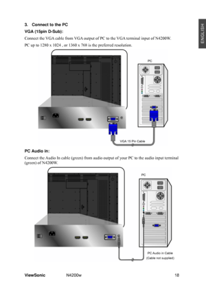 Page 20 
ViewSonic N4200w  18 
3.  Connect to the PC 
VGA (15pin D-Sub):  
Connect the VGA cable from VGA output of PC to the VGA terminal input of N4200W. 
PC up to 1280 x 1024 , or 1360 x 768 is the preferred resolution. 
 
PC Audio in: 
Connect the Audio In cable (green) from audio output of your PC to the audio input terminal 
(green) of N4200W. 
 
 PC 
PC 
PC Audio in Cable 
(Cable not supplied) VGA 15 Pin Cable
 