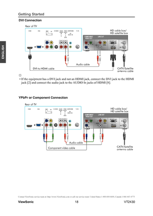 Page 2318
ENGLISH
Contact ViewSonic service team at: http://www.ViewSonic.com or call our service team: United States 1-800-688-6688, Can\
ada 1-866-463-4775
ViewSonic                                                                                                         VT2430
Getting Started
DVI Connection
☼
 • If the equipment has a DVI jack and not an HDMI jack, connect the DVI jack to the HDMI
jack [2] and connect the audio jack to the AUDIO In jacks of HDMI [8].
YPbPr or Component Connection...