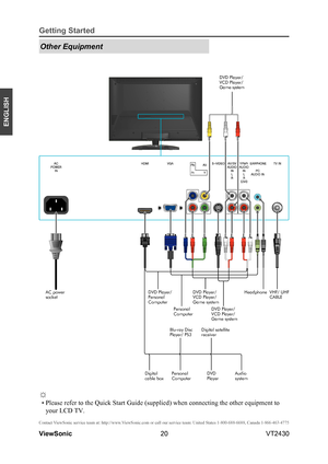 Page 2520
ENGLISH
Contact ViewSonic service team at: http://www.ViewSonic.com or call our service team: United States 1-800-688-6688, Can\
ada 1-866-463-4775
ViewSonic                                                                                                         VT2430
Getting Started
Other Equipment
☼
 • Please refer to the Quick Start Guide (supplied) when connecting the other equipment to 
your LCD TV.
VHF/ UHFCABLE
Digitalcable box
Digital satellitereceiver
DVDPlayerAudio system
Blu-ray Disc...