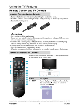 Page 2621
ENGLISH
Contact ViewSonic service team at: http://www.ViewSonic.com or call our service team: United States 1-800-688-6688, Can\
ada 1-866-463-4775
ViewSonic                                                                                                         VT2430
Using the TV Features
Inserting Remote Control Batteries
1. Remove the battery cover by pulling then lifting the knob on the cove\
r.
2. Insert the batteries, corresponding to the (+) and (-) markings o\
n the battery compartment.
3....