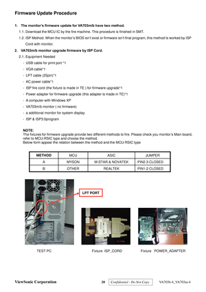 Page 31
Firmware Update Procedure   
 
1.  The monitor’s firmware update for VA703m/b have two method.   
1.1. Download the MCU IC  by the fire machine. This procedure is finished in  SMT. 
1.2. ISP Method. When the monitor’s BIOS  isn’t exist or firmware isn’t final program, this method Is worked by ISP 
Cord with monitor . 
2.  VA703m/b monitor upgrade firmware by ISP Cord.  
2.1. Equipment Needed 
-  USB cable for print port *1 
- VGA cable*1 
-  LPT cable (25pin)*1 
- AC  power cable*1 
- ISP  fire cord...