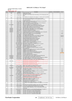 Page 71
Rev: 1b
Serial No. Prefix:  QAP
Item ViewSonic P/N Ref. P/N Description Location Universal number# Qty1 N/A E015-006-W  (10mm*14mm) Bird   logo1
2 N/A E015-016-1-W VIEWSONIC AL 38MM1
3 N/A E231080150009
SPEAKER 3717CP15 OBLONG 8
Ω1.5W R/L450mm L37*W17*H9mmY&G LEAD
FREE 1
4 N/A E34S22170S001 LCD MODULE SVA170SX01TB 1280×1024[SX] 17 LVDS SVA-NEC LEAD FREE 1
5 N/A F0004191AK001 Quick Install ManualLM/MR19I-AAA L190*W127mm for viewsoni 1
6 N/A F0010171A3001
base attachment procedureLM/MR17I-AAA...