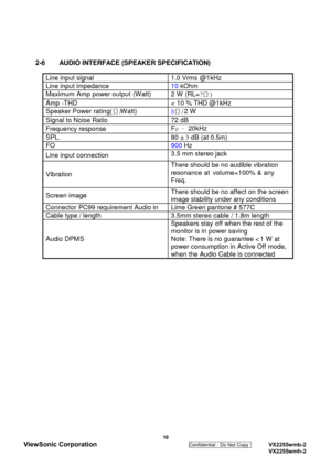 Page 13
2-6 AUDIO INTERFACE (SPEAKER SPECIFICATION)
Line input signal 1.0 Vrms @1kHz
Line input impedance10kOhm
Maximum Amp power output (Watt)
2 W (RL=?