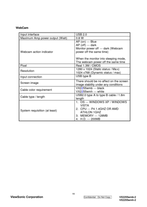 Page 14
WebCamInput interface USB 2.0
Maximum Amp power output (Watt) 0.8 W
Webcam action indicatorAP (on) --- Blue
AP (off) --- dark
Monitor power off --- dark (Webcam
power off the same time)
When the monitor into sleeping mode,
The webcam power off the same time
Pixel Real 1.3M / CMOS
Resolution1280 x 1024 (Static status / Ma x)
1024 x768 ( Dynamic status / max)
Input connection
USB type B
Screen imageThere should be no affect on the screen
image stability under any conditions
Cable color requirementVX2...