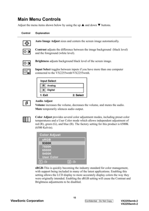 Page 18
Main Menu Controls
Adjust the menu items shown below by using the up S and down  T buttons.
Control Explanation
Auto Image Adjust  sizes and centers the screen image automatically.
Contrast  adjusts the difference between the image background  (black level) 
and the foreground (white level).
Brightness  adjusts background black level of the screen image.
Input Select  toggles between inputs if you ha ve more than one computer 
connected to the VX2255wmb/VX2255wmh.
Audio Adjust
Vo l u m e  increases the...