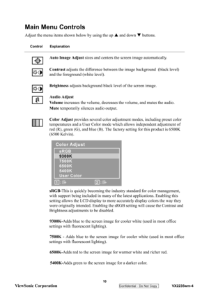 Page 13
 
 10 
ViewSonic Corporation   
Confidential - Do Not Copy    VX2235wm-4 
Main Menu Controls
Adjust the menu items shown below by using the up  S and down  T buttons.
Control Explanation
Auto Image Adjust  sizes and centers the screen image automatically.
Contrast  adjusts the difference between the image background  (black level) 
and the foreground (white level).
Brightness  adjusts background black level of the screen image.
Audio Adjust
Vo l u m e  increases the volume, decreases  the volume, and...