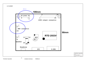 Page 46
  43
 
ViewSonic Corporation   
Confidential - Do Not Copy    
VX2235wm-4 
Model
TitleDate Rev:ViewSonic Corporation
PLACEMENT
 
8.6. PLACEMENT
JP1 AMP
120
1011
DC power IN
1
9
LVDS output connector
X1 MCU
D-SUB
DVI
KEY connector
10 1
4 1
Speaker
RTD 2553V
100mm
90mm
Earphone 12
930
2
9PIN
改 