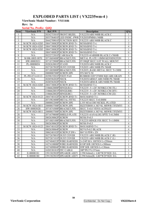 Page 57
ViewSonic Model Number:  VS11446
Rev:  1a
Serial No. Prefix:  QJQ
Item ViewSonic P/N Ref. P/N Qty1 N/A 2024275301P FRONT BEZEL VX2235/ABS 94HB BLACK C 1
2 N/A 2053756401P LED INDIC.-PWR VX2035/PMMA 94HB 1
3 N/A 2044270901P FUNCTION KEY VX2235 ABS 94HB BLACK C 1
4 M-SCW-0824-0285 2084730082P SCREW,BND T+ M3X8(BND T+) 2
5 M-SCW-0824-0285 2084730082P SCREW,BND T+ M3X8(BND T+) 4
6 M-SCW-0824-0285 2084730082P SCREW,BND T+ M3X8(BND T+) 1
7 N/A 2084740082P SCREW,BND T+ M4X8(BND T+) 6
8 N/A 2022272301P CABI...