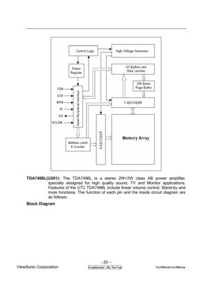 Page 20 
- 20 – 
ViewSonic Corporation              
 Confidential - Do Not Cop                      VA1903wb/VA1903wm 
 
 
TDA7496L(U201): The TDA7496L is a stereo 2W+2W class AB power amplifier, 
specially designed for high quality sound, TV and Monitor applications. 
Features of the UTC TDA7496L include linear volume control, Stand-by and 
mute functions. The function of each pin and the inside circuit diagram are 
as follows: 
Block Diagram  