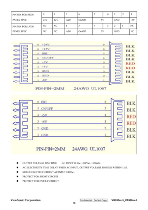 Page 21
ViewSonic Corporation Confidential - Do Not Copy    VG930m-3_VA930m-1 
 18 
 
PIN NO. FOR RSDS    9   8   7   6   5   4   3   2   1  
PANEL SPEC  
24V   12V   ADJ   On/Off     5V     GND   -8V 
PIN NO. FOR LVDS   NC   NC   6   5   4   3   2   1   NC 
PANEL SPEC  
NC   NC   ADJ   On/Off     5V     GND   NC 
 
 
„   OUTPUT VOLTAGE RISE TIME    AC INPUT 90 Vac ~264Vac, 