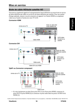 Page 24Mise en service
V iewS onic                                                      18                                                                   VT2230
Français
Veuillez contacter léquipe de service ViewSonic à : http://www.ViewSonic.com ou nous appeler au : United States 1-800-688-6688, Canada 1-866-463-4775
Boite de câble HD/boite satellite HD
Vous pouvez également apprécier la programmation haute définition en souscrivant un service 
de haute définition par câble ou un service de haute définition...