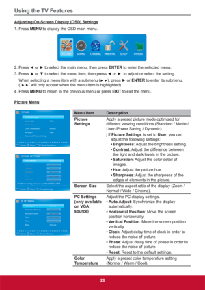 Page 35Using the TV Features
26
Adjusting On-Screen Display (OSD) Settings
1. Press MENU to display the OSD main menu.
PICTURESOUNDCHANNELPARENTALSETUPOTHERS
ENTER to enter the selected menu. 
DGMXVWRUVHOHFWWKHVHWWLQJ
When selecting a menu item with a submenu (
yySUHVVyRUENTER to enter its submenu.
(“
yy” will only appear when the menu item is highlighted)
4. Press MENU to return to the previous menu or press EXIT to exit the menu.
Picture Menu
Menu item Description
Picture 
SettingsApply a...