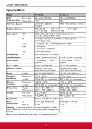 Page 42Other Information
33
6SHFL¿FDWLRQV
Model VT3200-L VT4200-L
LCD
(LED Backlight)Screen Size 32-inch Full HD 60Hz 42-inch Full HD 60Hz
Aspect Ratio 16:9 16:9
Television SystemATSC / 64 & 256 QAM / 
NTSC-MATSC / 64 & 256 QAM / NTSC-M
Program Coverage
9+)a8+)aDTV : 02-69
&$79a&$79a
Input signalRGB RGB analog (0.7/1.0 Vp-p, 75 ohms) Separate Sync,
fh: 31.5-67.5 kHz, fv:59.94-60 Hz
RF TV system Antenna / NTSC+ATSC, TV cable system /...