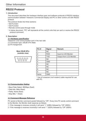 Page 43Other Information
34
RS232 Protocol
1. Introduction
This document describes the hardware interface spec and software protocols of RS232 interface 
communication between Viewsonic Commercial Display and PC or other control unit with RS232 
protocol.
The protocol divide into three sections:
• Set-Function
• Get-Function
• Remote control pass-through mode
* In below document, “PC” will represents all the control units that can sent or receive the RS232 
protocol command.
2. Description...