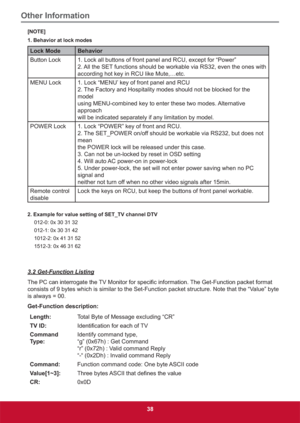 Page 47Other Information
38
[NOTE]
1. Behavior at lock modes
Lock Mode Behavior
Button Lock 1. Lock all buttons of front panel and RCU, except for “Power”
2. All the SET functions should be workable via RS32, even the ones with
according hot key in RCU like Mute,…etc.
MENU Lock 1. Lock “MENU’ key of front panel and RCU
2. The Factory and Hospitality modes should not be blocked for the 
model
using MENU-combined key to enter these two modes. Alternative 
approach
will be indicated separately if any limitation by...