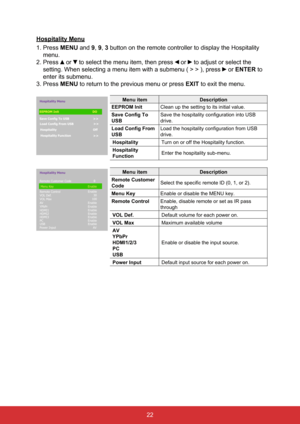 Page 3322
Hospitality Menu
1.  Press  MENU and 9, 9, 3 button on the remote controller to display the Hospitality 
menu.
2.   Press 
 or  to select the menu item, then press  or  to adjust or select the 
setting. When selecting a menu item with a submenu ( > > ), press 
 or ENTER to 
enter its submenu.
3. Press MENU to return to the previous menu or press  EXIT to exit the menu.
Hospitality Menu
EEPROM Init Save Config To USB Load Config From USB
Hospitality
Hospitality Function DO
OffMenu item Description...