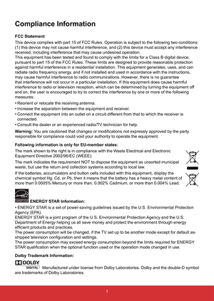 Page 3i
FCC Statement
This device complies with part 15 of FCC Rules. Operation is subject to \
the following two conditions: 
(1) this device may not cause harmful interference, and (2) this device must accept any interference 
received, including interference that may cause undesired operation.
This equipment has been tested and found to comply with the limits for a\
 Class B digital device, 
pursuant to part 15 of the FCC Rules. These limits are designed to provide reasonable protection 
against harmful...