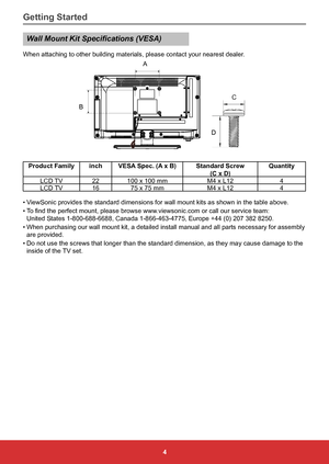 Page 134
Wall Mount Kit Specifications (VESA)
When attaching to other building materials, please contact your nearest \
dealer.
A
B DC
Product Family
inchVESA Spec. (A x B) Standard Screw  
(C x D) Quantity
LCD TV 22100 x 100 mm M4 x L124
LCD TV 1675 x 75 mm M4 x L124
•	 ViewSonic provides the standard dimensions for wall mount kits as shown i\
n the table above.
•	 To	find	the	perfect	mount,	please	browse	www.viewsonic.com	or	call	our	service	team:  
United States 1-800-688-6688, Canada 1-866-463-4775, Europe...