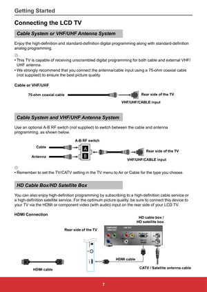 Page 167
Connecting the LCD TV
Cable System or VHF/UHF Antenna System
Enjoy	the	high-definition	and	standard-definition	digital	programming	along	with	standard-definition	
analog programming.
☼	
•	This TV is capable of receiving unscrambled digital programming for both cabl\
e and external VHF/
UHF antenna. 
•	 We strongly recommend that you connect the antenna/cable input using a 75\
-ohm coaxial cable 
(not supplied) to ensure the best picture quality. 
Cable or VHF/UHF
75-ohm coaxial cable Rear side of the...