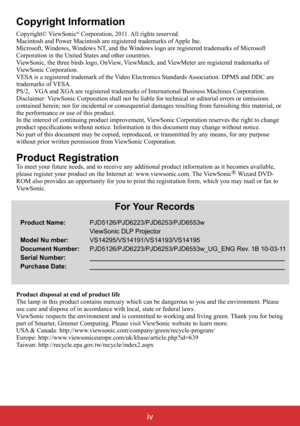 Page 5iv
Copyright Information
Copyright© ViewSonic® Corporation, 2011. All rights reserved.
Macintosh and Power Macintosh are registered trademarks of Apple Inc.
Microsoft, Windows, Windows NT, and the Windows logo are registered trademarks of Microsoft 
Corporation in the United States and other countries.
ViewSonic, the three birds logo, OnView, ViewMatch, and ViewMeter are registered trademarks of 
ViewSonic Corporation.
VESA is a registered trademark of the Video Electronics Standards Association. DPMS...