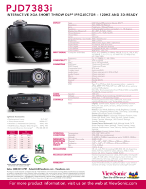 Page 2Optional Accessories
> Replacement Lamp RLC- 057
> Shor t throw mount  WMK- 027
> Wireless G Presentation Gateway  WPG-360
> USB Wireless Adaptor (802.11b/g/n)  WPD-10 0
> Extended Express Exchange
®  PRJ-EE- 08- 03
Sales: (888) 881-8781 . SalesInfo@ViewSonic.com . ViewSonic.com
*Running  eco-mode  exclusively  can  extend  lamp  life.  **See  ViewSonic.com  for  full  Express  Exchange  details.  Specifications  and  availability 
are  subject  to  change  without  notice.  Selection,  offers  and...