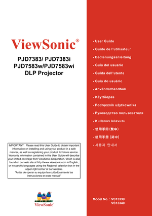 Page 1
IMPORTANT:  Please read this User Guide to obtain important information on installing and using your product in a safe 
manner, as well as registering your product for future service.  
Warranty information contained in this User Guide will describe 
your limited coverage from ViewSonic Corporation, which is also  found on our web site at http://www.viewsonic.com in English, 
or in specific languages using the Regional selection box in the  upper right corner of our website.
“Antes de operar su equipo...