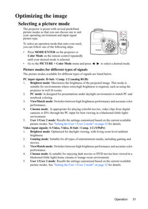 Page 35
Operation 31
Optimizing the image
Selecting a picture mode
The projector is preset with several predefined 
picture modes so that you can choose one to suit 
your operating environment and input signal 
picture type.
To select an operation mode that suits your need, 
you can follow one of the following steps.
• Press  MODE/ENTER  on the projector or 
Color Mode  on the remote control repeatedly 
until your desired mode is selected.
•Go to the  PICTURE > Color Mode  menu and press  /  to select a desired...