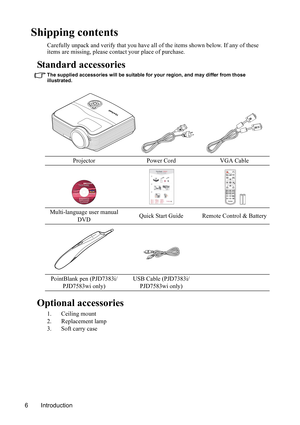 Page 10
Introduction
6
Shipping contents
Carefully unpack and verify that you have all of the items shown below. If any of these 
items are missing, please contact your place of purchase.
Standard accessories
The supplied accessories will be suitable for your region, and may differ from those 
illustrated.
Optional accessories
1. Ceiling mount
2. Replacement lamp
3. Soft carry case Projector Power Cord VGA Cable
Multi-language user manual  DVD Quick Start Guide Remote Control & Battery
PointBlank pen (PJD7383i/...