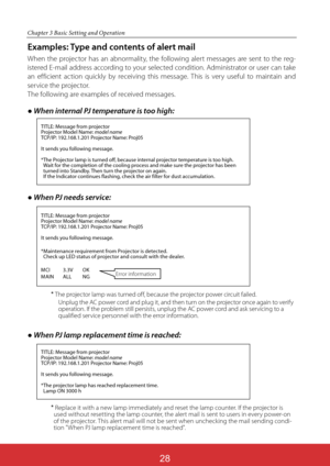 Page 115
Chapter 3 Basic Setting and Operation
” When PJ lamp replacement time is reached:

Replace it with a new lamp immediately and reset the lamp counter. If the projector is 
used without resetting the lamp counter, the alert mail is sent to users in every power-on 
of the projector. This alert mail will not be sent when unchecking the mail sending condi-
tion "When PJ lamp replacement time is reached".
TITLE: Message from projector
Projector Model Name: model name
TCP/IP: 192.168.1.201 Projector...