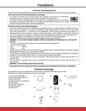 Page 137
Compliance
The AC Power Cord supplied with this projector meets the requirement for use in the country you purchased it.  
AC Power Cord for the United States and Canada:
AC Power Cord used in the United States and Canada is listed by the Underwriters 
$VVRFLDWLRQ&6$
$& 3RZHU &RUG KDV D JURXQGLQJW\SH$& OLQH SOXJ7KLV LV D VDIHW\ IHDWXUH WR EH VXUH WKDW WKH
plug will fit into the power outlet. Do not try to defeat this safety feature. Should you be unable 
to insert the plug into...