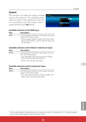 Page 122ENGLISH

System
This function is to select the system of signal 
input to the projector. The available system 
mode are listed on the pull-down menu but-
ton according to the input signal. Select a 
system and then click Set button.
Control
If the mode (Mode1 to Mode10) which is stored in the item "PC Adjustment" ( p.38) is available, 
they are also listed together with the above mode.
Available selection at the RGB input
Item Description
XGA1........................ It automatically switches...