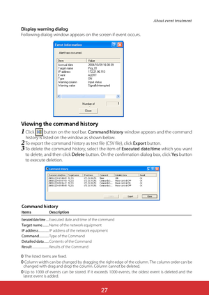 Page 17127
Display warning dialog
Following dialog window appears on the screen if event occurs.
Viewing the command history
1Click button on the tool bar. Command history window appears and the command 
history is listed on the window as shown below.
2To export the command history as text file (CSV file), click Export button.
3To delete the command history, select the item of Executed date/time which you want 
to delete, and then click Delete button. On the confirmation dialog box, click Ye s button 
to execute...