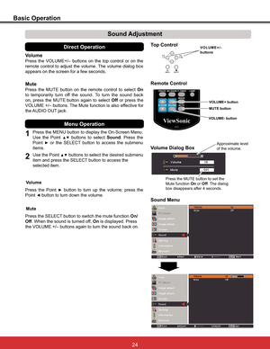 Page 30
Sound Adjustment
1
2
3UHVVWKH0(18EXWWRQWRGLVSOD\WKH2Q6FUHHQ0HQX
Use the Point 
xz buttons to select Sound. Press the 
Point
y or WKH 6(/(&7 EXWWRQ WR DFFHVV WKH VXEPHQX
items.
3UHVV WKH 92/80(