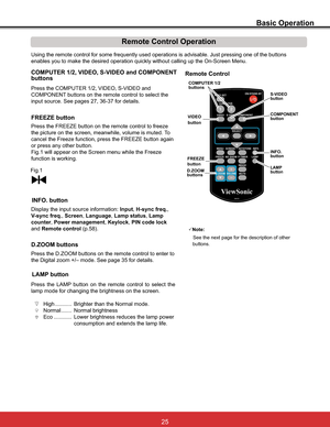 Page 3125
Basic Operation
Remote Control Operation
Using the remote control for some frequently used operations is advisable. Just pressing one of the buttons 
QJXSWKH2Q6FUHHQ0HQX
3UHVVWKH&20387(59,(269,(2DQG
COMPONENT buttons on the remote control to select the 
LQSXWVRXUFH6HHSDJHVIRUGHWDLOV
COMPUTER 1/2, VIDEO, S-VIDEO and COMPONENT
buttons
FREEZE button
Display the input source information: Input,H-sync freq.,
V-sync freq.,Screen,Language,Lamp status,Lamp
counter,Power...