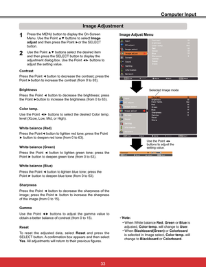 Page 39
Computer Input
Image Adjust Menu
Image Adjustment
Reset
3UHVVWKH0(18EXWWRQWRGLVSOD\WKH2Q6FUHHQ
Menu. Use the Point 
xz buttons to select Image
adjust and then press the Point 
yRUWKH6(/(&7
button.
1
2Use the Point xz buttons select the desired item 
DQGWKHQSUHVVWKH6(/(&7EXWWRQWRGLVSOD\WKH
DGMXVWPHQWGLDORJER[8VHWKH3RLQW
{y buttons to 
adjust the setting value.
3Note:
‡:KHQ:KLWHEDODQFH Red,Green or Blue is  
  adjusted, Color temp. will change to User....