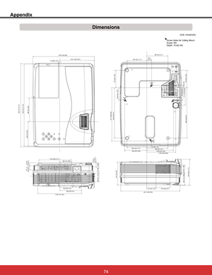 Page 80
Appendix
Dimensions
Unit: mm(inch)
Screw Holes for Ceiling Mount
6FUHZ0
HSWK
333.5(13.13)
99.5(3.92)
93.3(3.67)
48.1(1.89)
4.3(0.17)
96.5(3.80)
241.4(9.50)
41.9(1.65)
54.2(2.13)
15.5
(0.61)
89.3(3.51)
 12.0
(0.47)
48.7(1.92)
 17.1
(0.67)
133.8(5.27)
178.7(7.04)
35.9(1.41)
32.9(1.30)
37.3(1.47)57.6(2.27)
105.9(4.17)
250.5(9.86)
141.5(5.57)
340.5(13.41)
80.5(3.17)
205.0(8.07)
71.7(2.82)
118.0(4.65)
86.5(3.41)
205.0(8.07)
70.5(2.78)
86.5(3.41)
80.5(3.17)
70.5(2.78)
50.0(1.97)
19.0(0.75)...