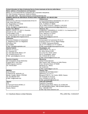 Page 87
Contact Information for Sales & Authorized Service (Centro Autorizado de Servicio) within Mexico:
Name, address, of manufacturer and importers:
0p[LFR$YHUSDOPDV
&RO6DQ)HUQDQGR+XL[TXLOXFDQ(VWDGRGH0p[LFR
7HOKWWSZZZYLHZVRQLFFRPODVRSRUWHLQGH[KWP
NÚMERO GRATIS DE ASISTENCIA TÉCNICA PARA TODO MÉXICO: 001.866.823.2004
Hermosillo:
Distribuciones y Servicios Computacionales SA de CV.
&DOOH-XDUH]ORFDO
&RO%XJDPELOLDV&3
7HO...