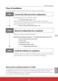 Page 96ENGLISH

Flow of installation
Flow of installation
To use the projector via the networks, follow the setup procedures below.
STEP 1Connect the LAN and set the configuration.
STEP 2Network Configuration has completed.
Decide depending on the LAN environment.

 “2. Setup Procedures” (pp.11–16).
Detailed LAN configurations need to be done with a browser later.
First, complete the Wired LAN connection between computers and projec-
tors, then start browser configurations.

 “3. Basic setting and operation”...