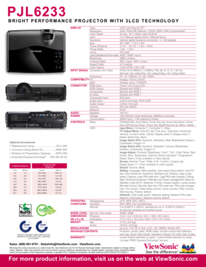 Page 2DISPLAY Type  0.63" (x3) Poly-Si TFT
  Resolution  XGA 1024x768 (Native) / UXGA 1600×1200 (compressed)
  Color Depth  24 bits, 16.7 million color (8+8+8)
  Lens  1.2× Manual optical zoom / Manual focus
  Keystone  Vertical digital keystone correction: +/– 30 degrees
  Size  40"–300" / 1.0m–7.6m
  Throw Distance  4.3 ft. – 32.3 ft. / 1.3m – 9.8m
  Throw Ratio  1.62 – 1.92:1
  Lamp  215 watt
  Lamp Life (Normal / Eco-mode)  4 0 0 0   /   6 0 0 0
† hours
  Brightness  2600 Lumens
  Contrast...