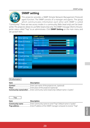 Page 115ENGLISH
ViewSonic PJL624329
29
 
SNMP setting
This projector provides a SNMP (Simple Network Management Protocol) 
agent function. The SNMP consists of a manager and agents. The group 
which communicates information each other with SNMP is called 
"Community". There are two access modes in a community, Refer (read only) and Set (read- 
write). This projector allows to use Refer (read only) only. The SNMP message informs the pro-
jector status called "Trap" to an administrator. Click SNMP...