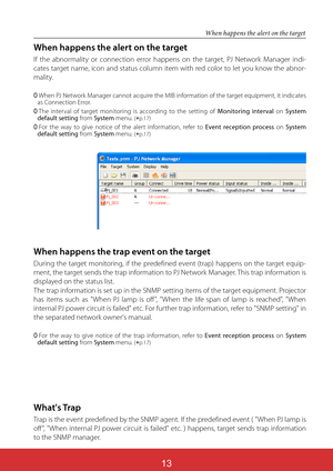 Page 15813
What's Trap
Trap is the event predefined by the SNMP agent. If the predefined event ( "When PJ lamp is 
off ", "When internal PJ power circuit is failed" etc. ) happens, target sends trap information 
to the SNMP manager.
When happens the alert on the target
When happens the alert on the target
If the abnormality or connection error happens on the target, PJ Network Manager indi-
cates target name, icon and status column item with red color to let you know the abnor-
mality.
0...